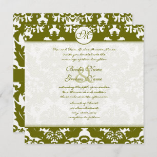 Olive Green Heart Damask Wedding Invitation