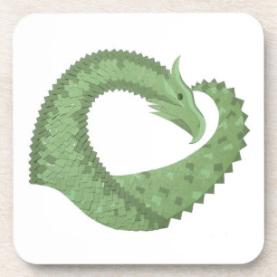 Olive green heart dragon on white coaster