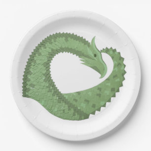Olive green heart dragon on white paper plate