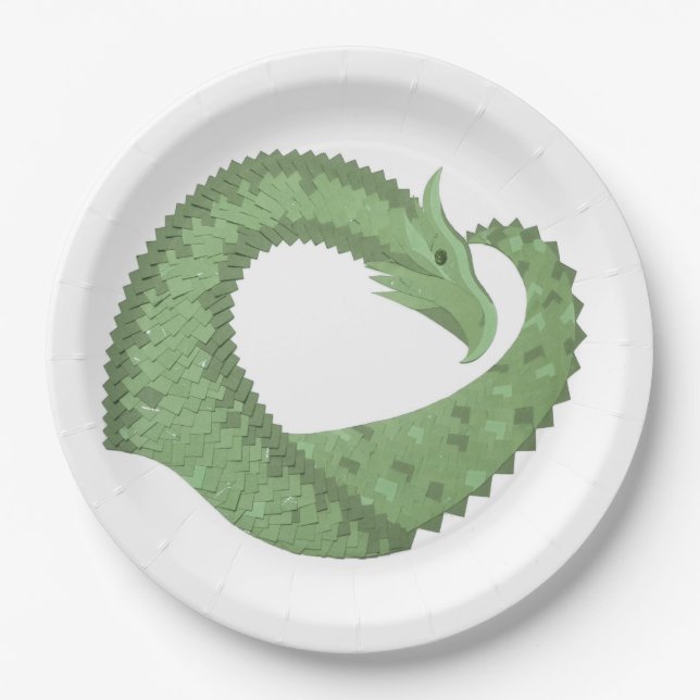 Olive green heart dragon on white paper plate (Front)