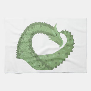 Olive green heart dragon on white tea towel
