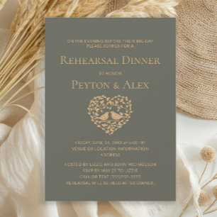 Olive Green Heart Love Birds Rehearsal Dinner Invitation