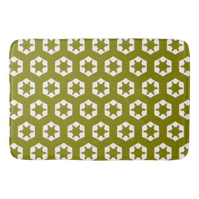 Olive green hexagon honeycomb starflake pattern bath mat (Front)