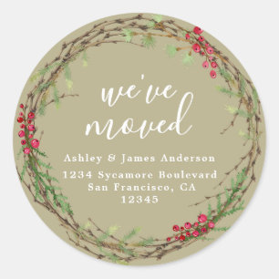 Olive Green Holiday Greenery Weve Moved Address Classic Round Sticker