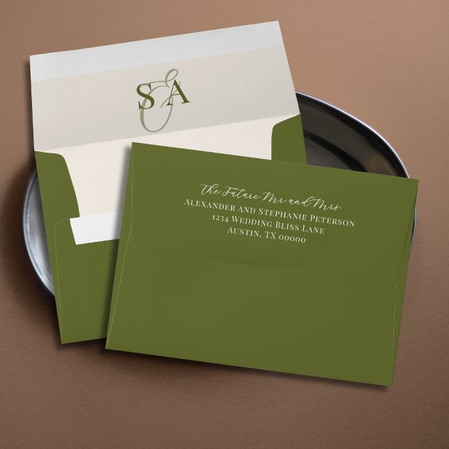 Olive Green Ivory Monogram Old Money Wedding  Envelope (Creator Uploaded)