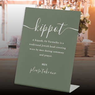 Olive Green Jewish Wedding Kippot Script Yarmulke Pedestal Sign