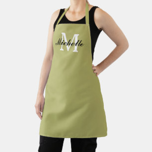 Olive green kitchen apron with custom monogram