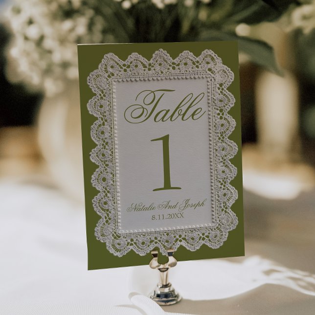 Olive Green Lace Old Money Wedding Table Number (Creator Uploaded)