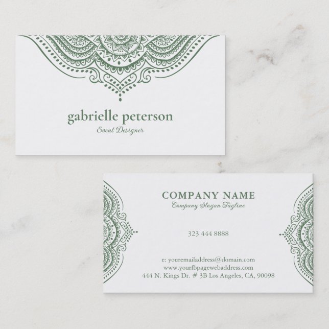 Olive Green Lace Paisley Mandala Business Card (Front/Back)