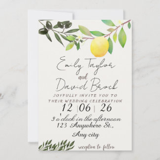 olive green leaf branch and Lemon wedding Invitation