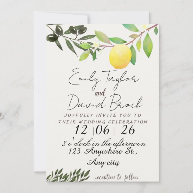 olive green leaf branch and Lemon wedding Invitation (Front)