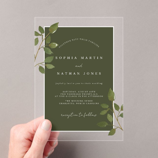 Olive Green Leaf Modern Clear Minimalist Wedding  Acrylic Invitations (Insitu (Handheld))