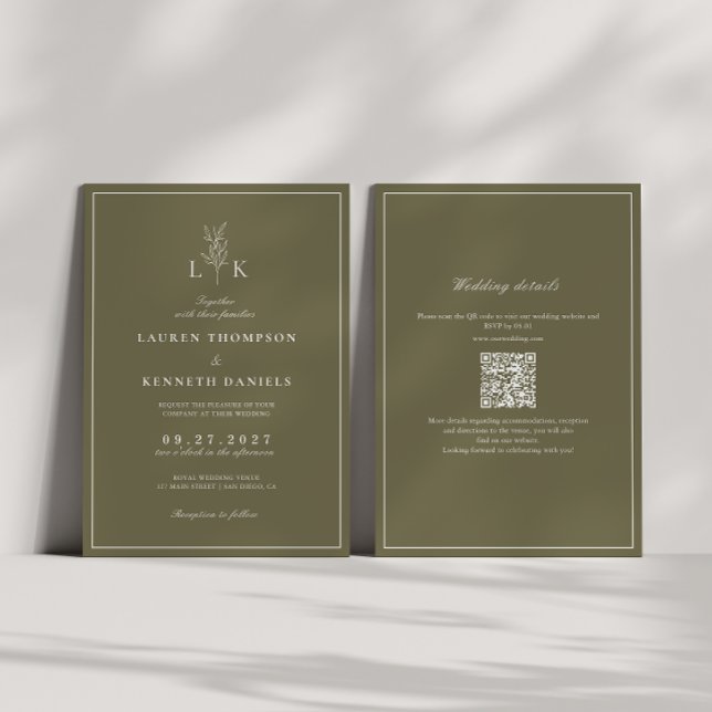 Olive Green Leaf Monogram QR Code Wedding Invitation (Creator Uploaded)