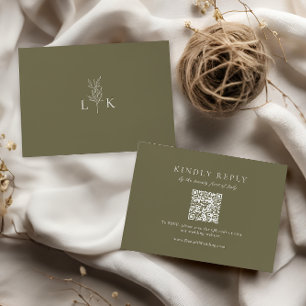 Olive Green Leaf Monogram Wedding QR Code RSVP  Enclosure Card
