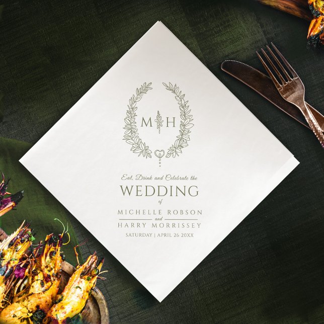 Olive green leaf oval wreath monogram art wedding napkin (Creator Uploaded)