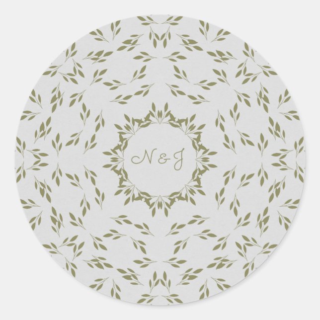 Olive Green Leaves Natural Oatmeal Rustic Wedding Classic Round Sticker (Front)