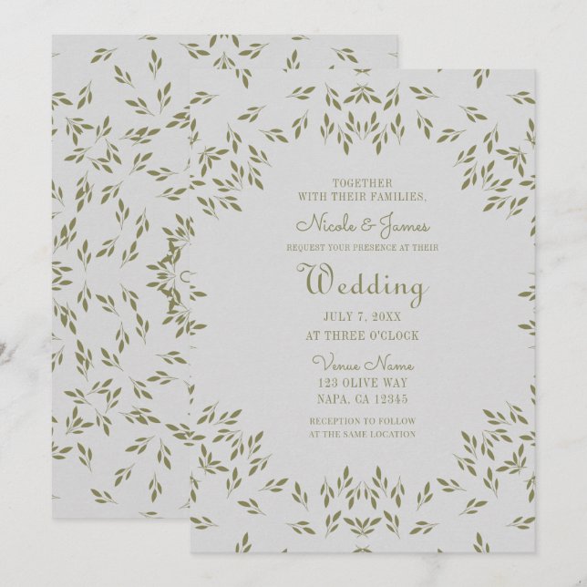 Olive Green Leaves Natural Oatmeal Rustic Wedding Invitation (Front/Back)