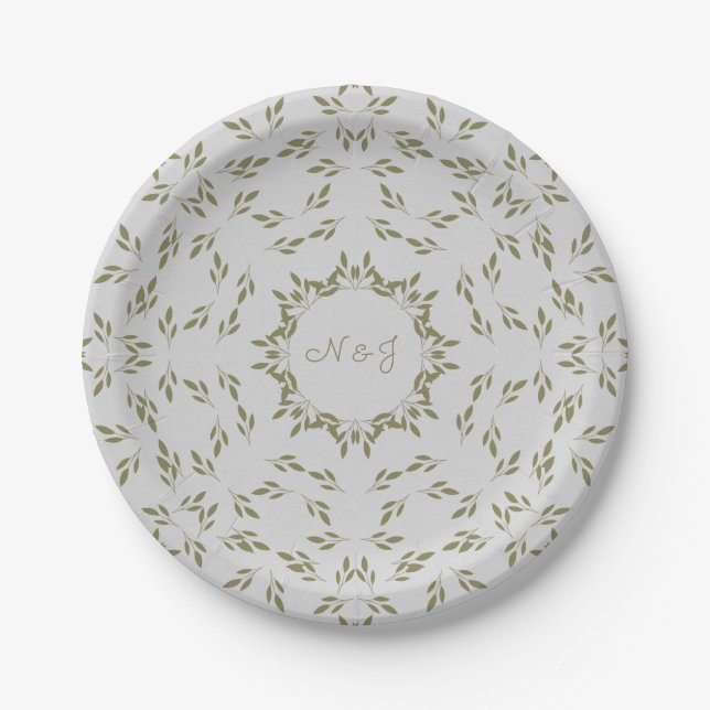 Olive Green Leaves Natural Oatmeal Rustic Wedding Paper Plate (Front)