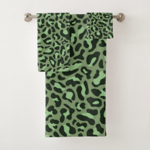 Olive Green Leopard Print Trendy Chic Bath Towel Set