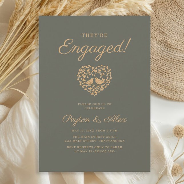 Olive Green Love Birds Heart Engagement Party Invitation (Dark sage/olive green and gold "love birds" wedding engagement party invitation)