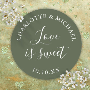 Olive Green Love Is Sweet Wedding Favor Classic Round Sticker