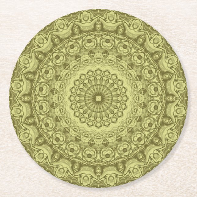 Olive Green Mandala Pattern Design Round Paper Coaster (Front)
