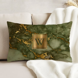 Olive Green Marble Faux Gold Foil Monogram Decorative Cushion
