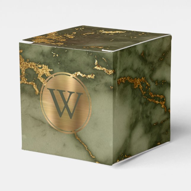 Olive Green Marble Gold Monogram Favour Box (Front Side)