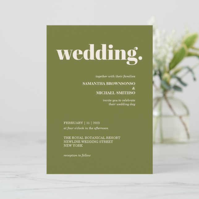 Olive Green Minimal Earth Tone Wedding Invitation (Standing Front)