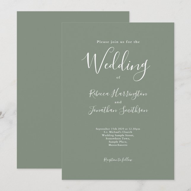Olive Green Minimal Modern Wedding Invitation (Front/Back)