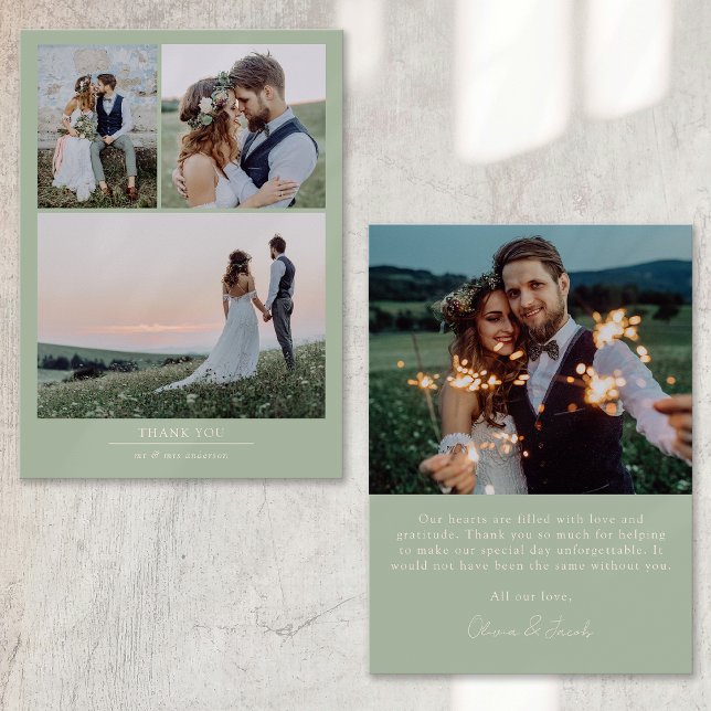 Olive Green Minimalist 4 Photo Wedding Thank You Card (Creator Uploaded)