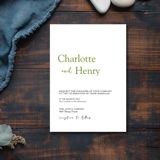 Olive Green Minimalist Clean Modern Wedding Invitation (Creator Uploaded)