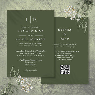 Olive Green Minimalist Monogram QR Code Wedding Invitation
