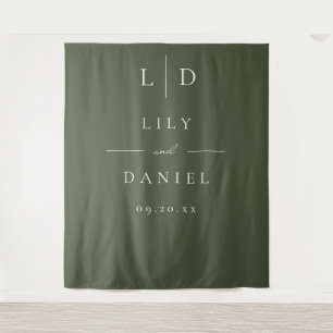 Olive Green Minimalist Monogram Wedding Backdrop Tapestry