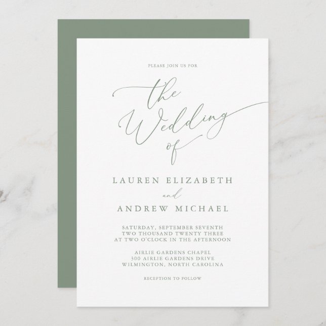 Olive Green Minimalist Wedding Invitation (Front/Back)