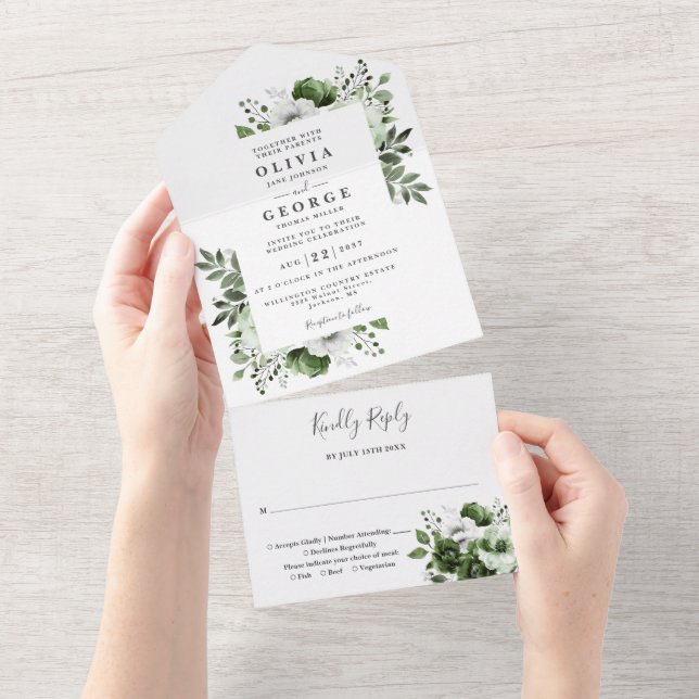 Olive Green Modern Botanical Floral Wedding All In One Invitation (Tearaway)