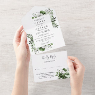 Olive Green Modern Botanical Floral Wedding All In One Invitation