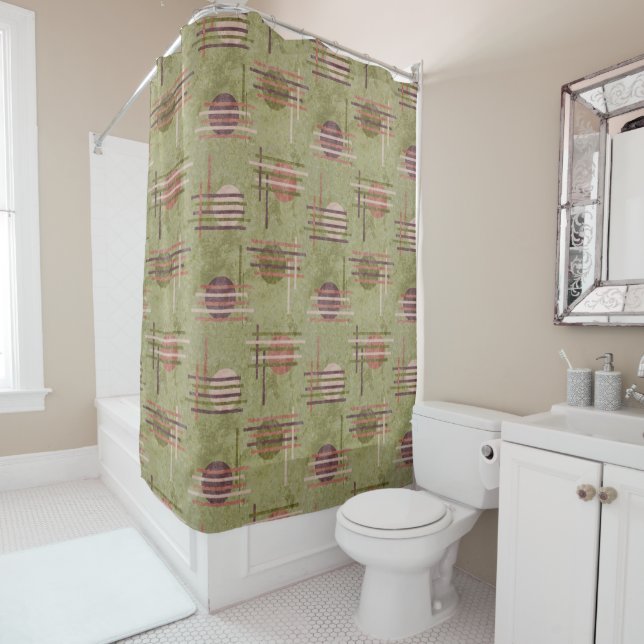Olive Green Modern Geometric Shower Curtain (In Situ)