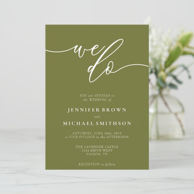 Olive Green Modern Handwriting We Do Script Invitation (Standing Front)