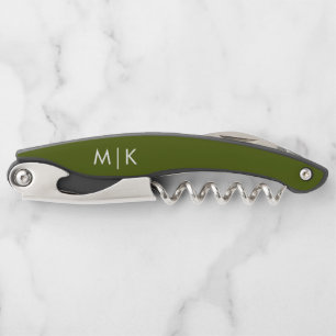 Olive Green Modern Monogram Corkscrew