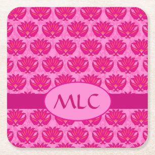 Olive Green Modern Paisley Pattern Monogram Square Paper Coaster