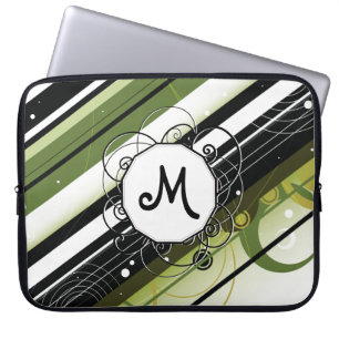 Olive Green Modern-Retro Stripes with Monogram Laptop Sleeve