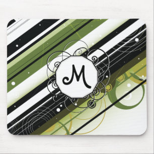 Olive Green Modern-Retro Stripes with Monogram Mouse Mat