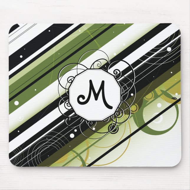 Olive Green Modern-Retro Stripes with Monogram Mouse Mat (Front)