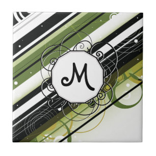 Olive Green Modern-Retro Stripes with Monogram Tile