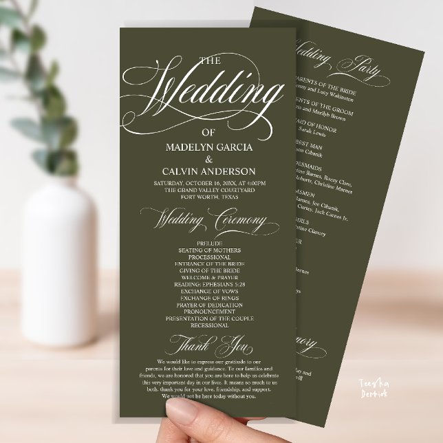 Olive Green Modern Script All In One Wedding Programme (Modern Script All In One Wedding Program Card in Olive Green)