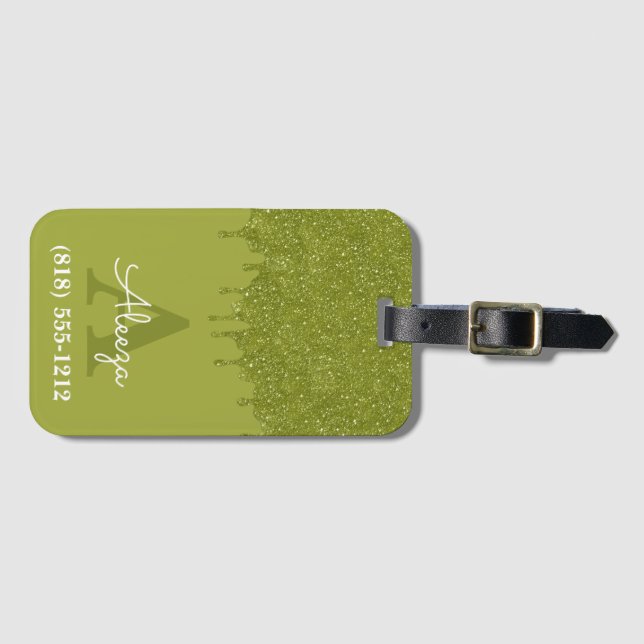 Olive Green Monogram Glitter Drips Luggage Tag (Front Horizontal)
