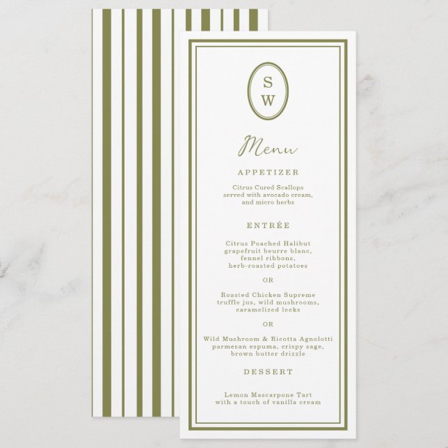Olive Green Monogram Long Wedding Menu Card (Front/Back)