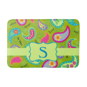 Olive Green Monogram Modern Paisley Pattern Bath Mat