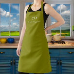 Olive green monogram name business apron<br><div class="desc">A classic olive green background. Personalise and add your monogram initials and name. Modern white block letters.</div>